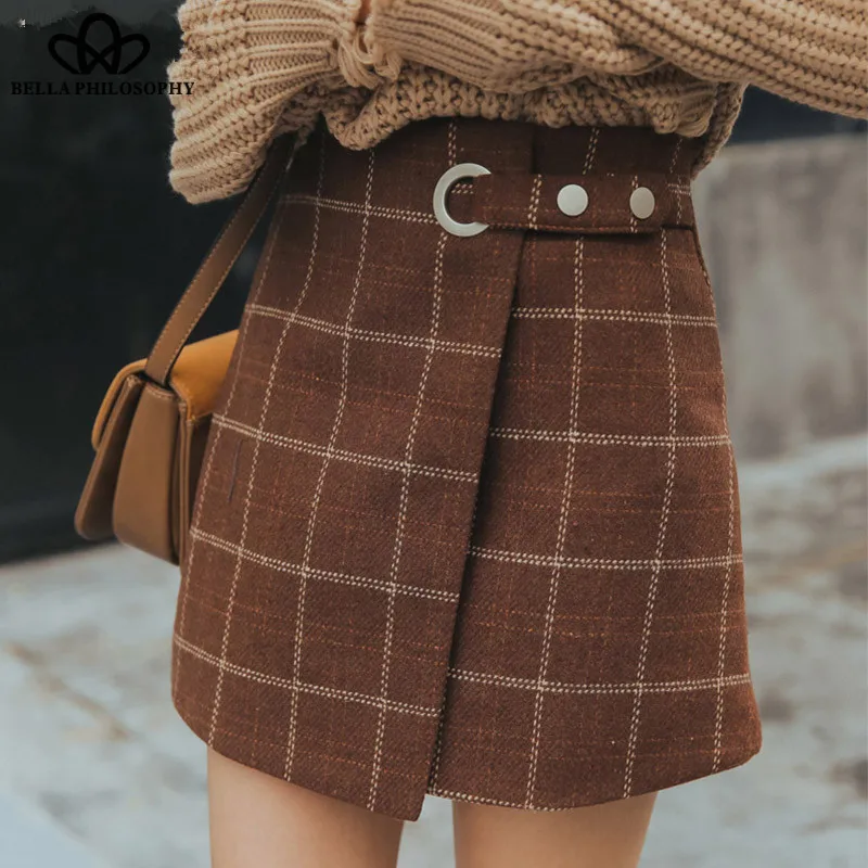 Wonder Vintage High Waist Plaid Skirts Preppy Style Female A-Line Skirts Thickened Woolen Sashes Female Cute Mini Skirts
