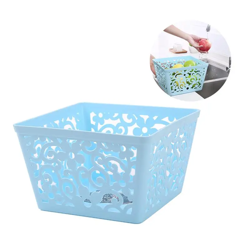 

Hollow Plastic Storage Box Carved Stackable Fruit Basket for Cosmetic Sundries(Blue)