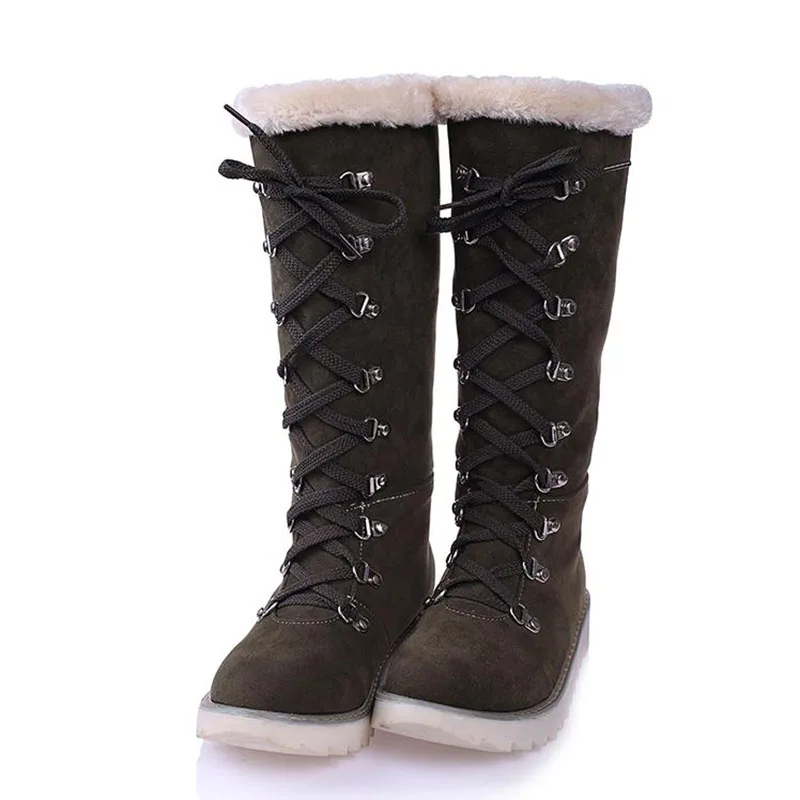 RIZABINA/Винтажные женские зимние сапоги до колена плотные Меховые Туфли на шнуровке с заклепками женские зимние ботинки на плоской подошве теплая женская обувь из плюша размеры 34-43 - Цвет: Армейский зеленый