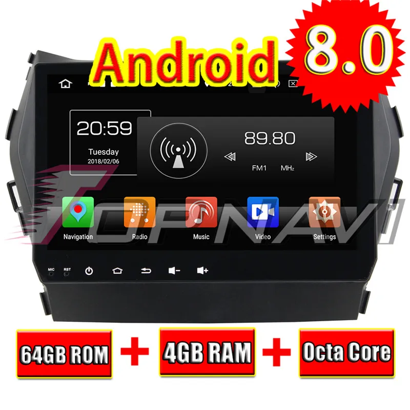 Topnavi Android 8.0 Car Media Center Player for Hyundai IX45 2014 2015 2016 Radio Stereo 2 DIN GPS Navigation Octa Core NO DVD | Автомобили