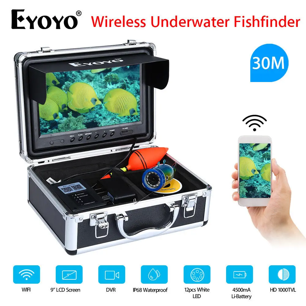 EYOYO WF09W 9 30M DVR WIFI Wireless Underwater Fishing Camera Ocean River Lake Sea Boat Fish Finder White LED Waterproof eyoyo 930m touch screen infrared hd 1000tvl underwater fishing camera fish finder video fishfinder ocean river sea boat fishing