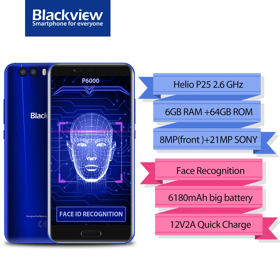 Флэш-дело Blackview P6000 Face ID смартфонов helio P25 6180 мАч большая батарея 6 ГБ 64 5.5 &quotFHD 21MP
