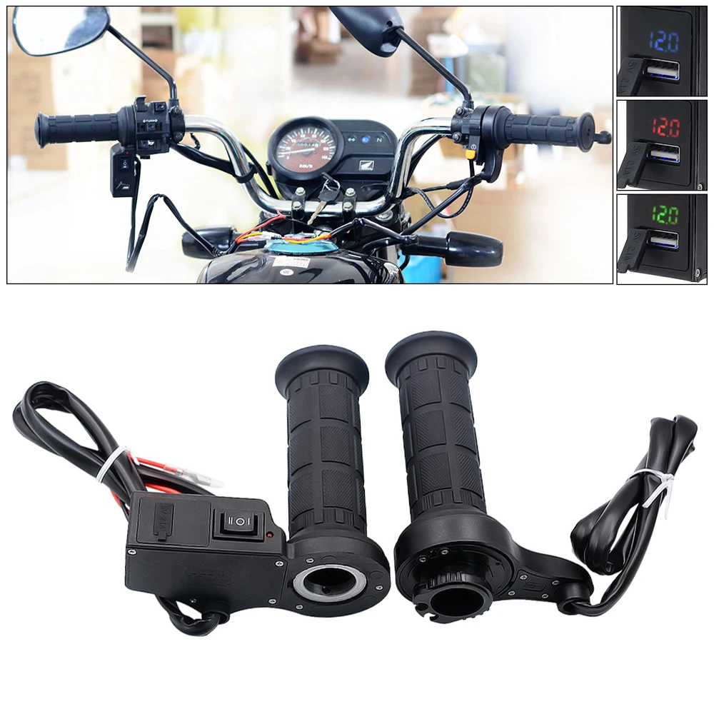 

1 Pair 12V 26W 22MM Motorcycle Handlebar Adjustable Temperature Electric Heated Handle with Accelerator Card Pieces & Voltmeter