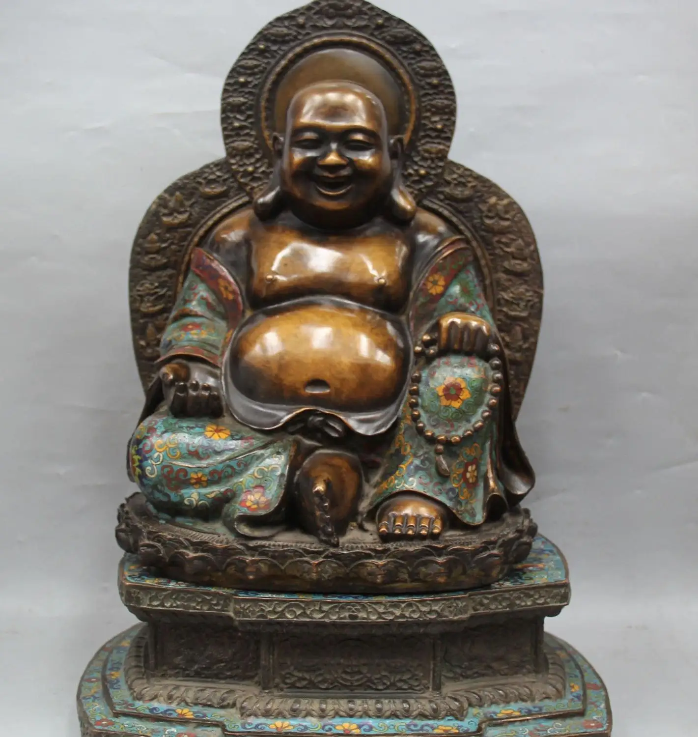 

20" Purple Bronze Cloisonne 8 Symbol Happy Maitreya Buddha Dragon phoenix Statue