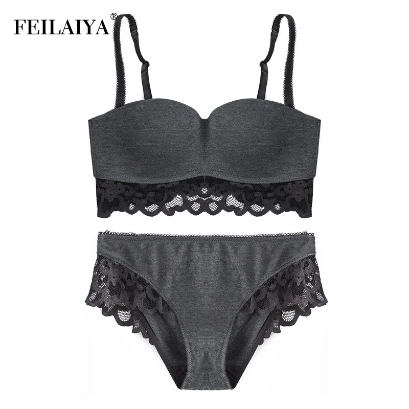 

FEILAIYA wire free lace bra set comfortable sexy beauty underwear women a Half Cup Solid bra and panty set Free style Bra sets