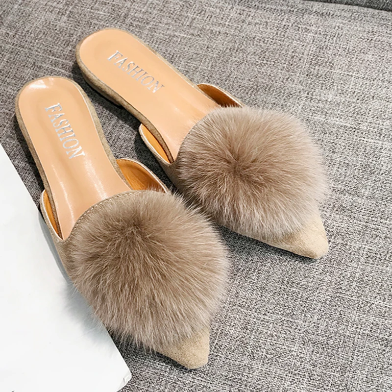 Moxxy 2018 Woman Fur Flip Flops Plus Size Fur Balls Slides Pointed Toe Mules Low Heels Flock Fur 