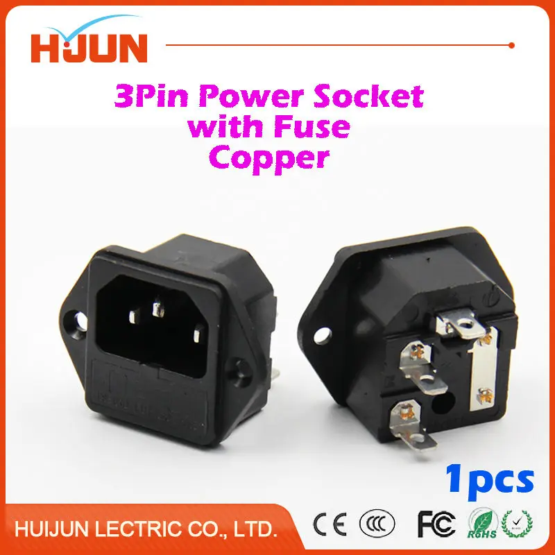 

1Pcs High Quality 3 Pin Male Power Socket with Fuse Copper Inlet Connector Plug 10A 250V AC