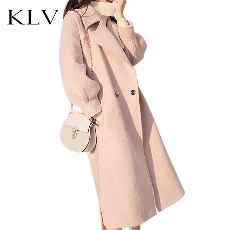 

Women Winter Thicken Lantern Sleeves Long Overcoat Solid Color Notched Lapel Collar Jacket Open Front Belted Slim Office Outwear