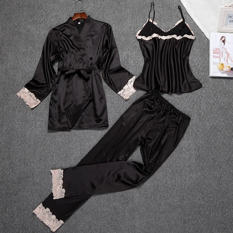 Женская шелковая, сатиновая Пижама кружевной комплект халат и пижама комплект летний халат + скольжения топ + брюки комплект из 3 предметов