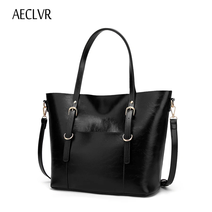 

AECLVR Vintage Simple Style Women Handbag PU Oil Wax Leather Solid Women Shoulder Bag Big Size For Female Designer Messenger Bag