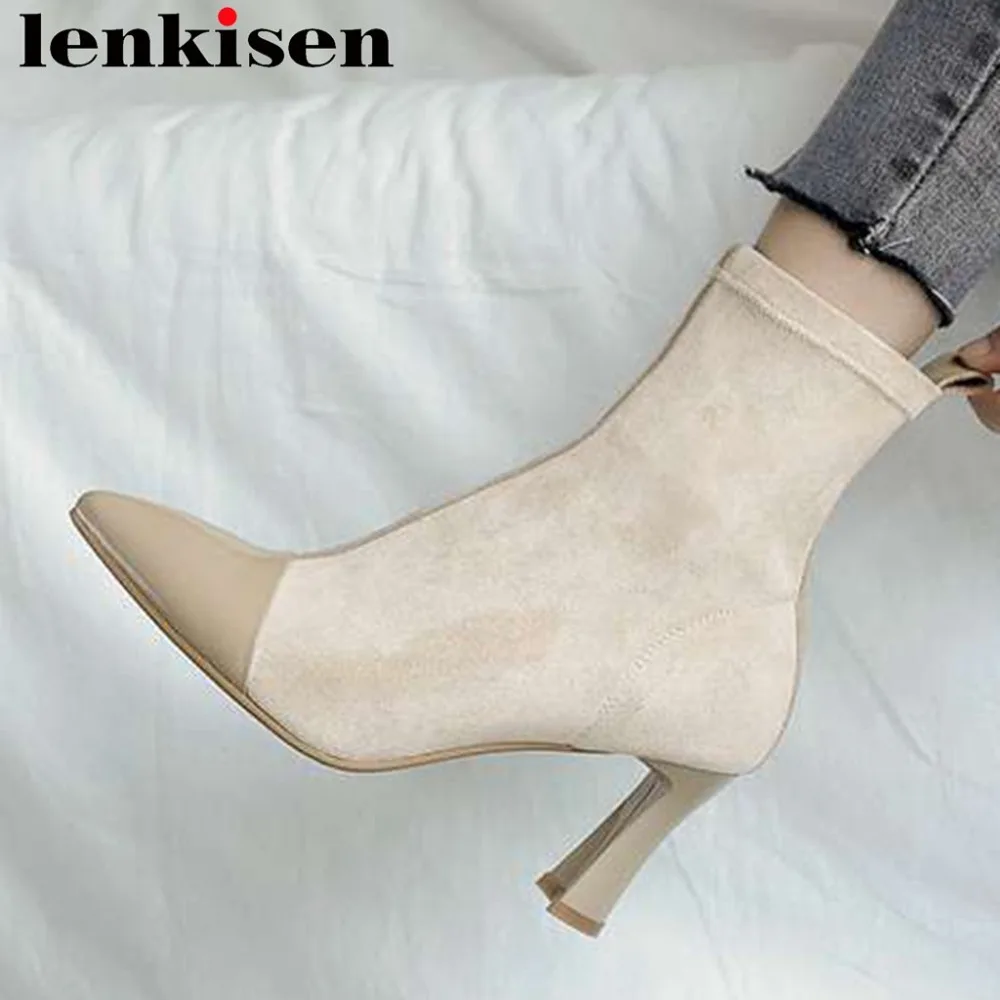 

2018 high fashion large size natural leather pointed toe strange high heels young lady party slip on stretch ankle boots L12