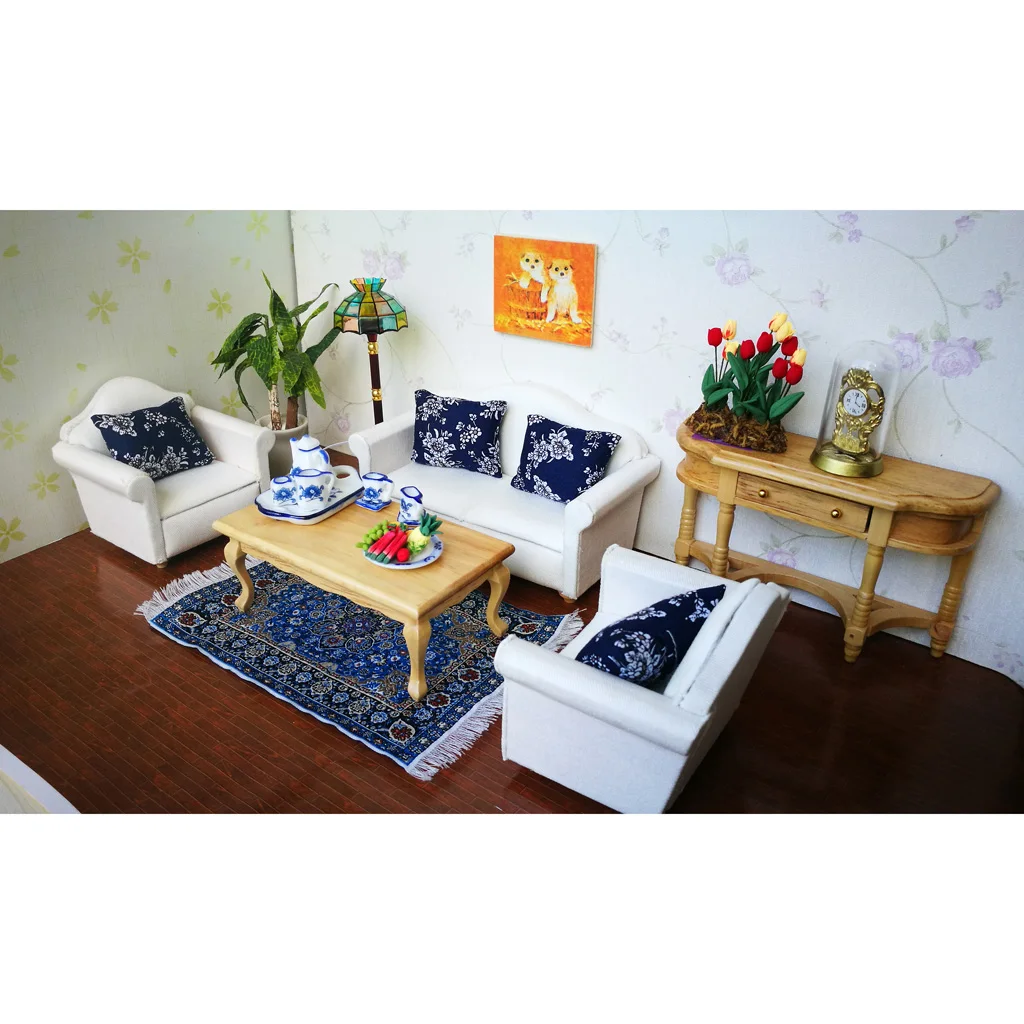 1/12 Dollhouse Miniature Floral Cushions Pillow Sofa Bedroom Living Room Furniture Toy Accessory Dark Blue