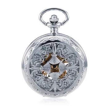 

Silver Tone Case Metal Hand Winding Mechanical Pocket Watch Hollow Beautiful Chinese Knot Style Steampunk Pendant with Fob Chian