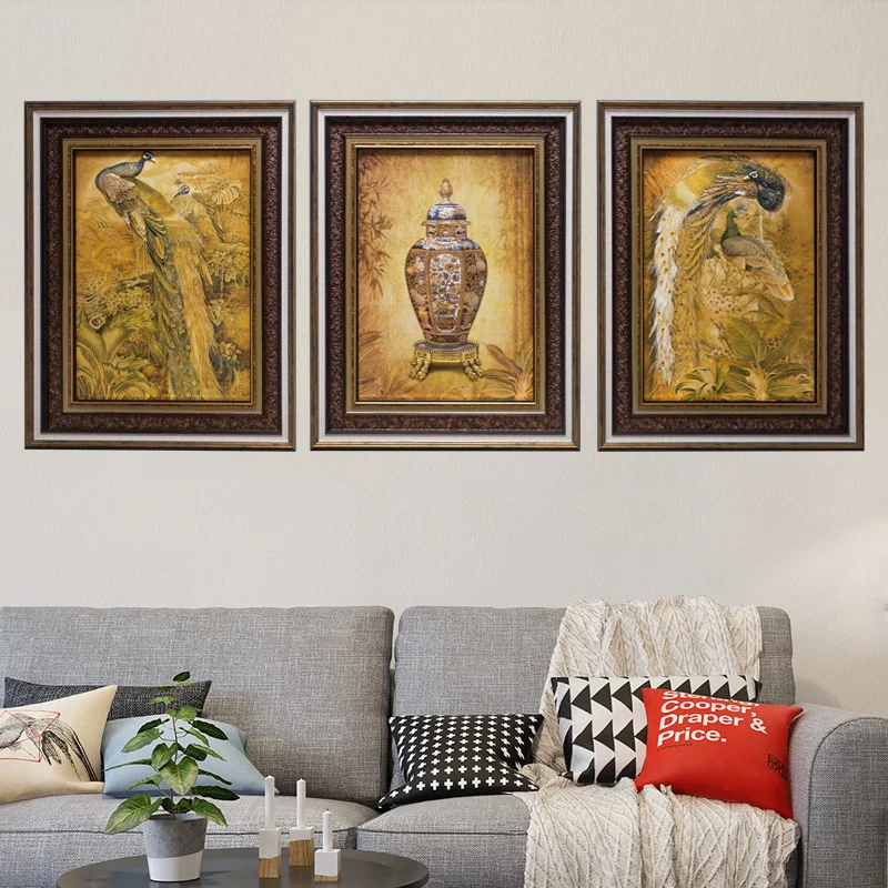 

Vintage Peacock Three-picture Combination Modular Oil Paintings for Living Room Home Decor