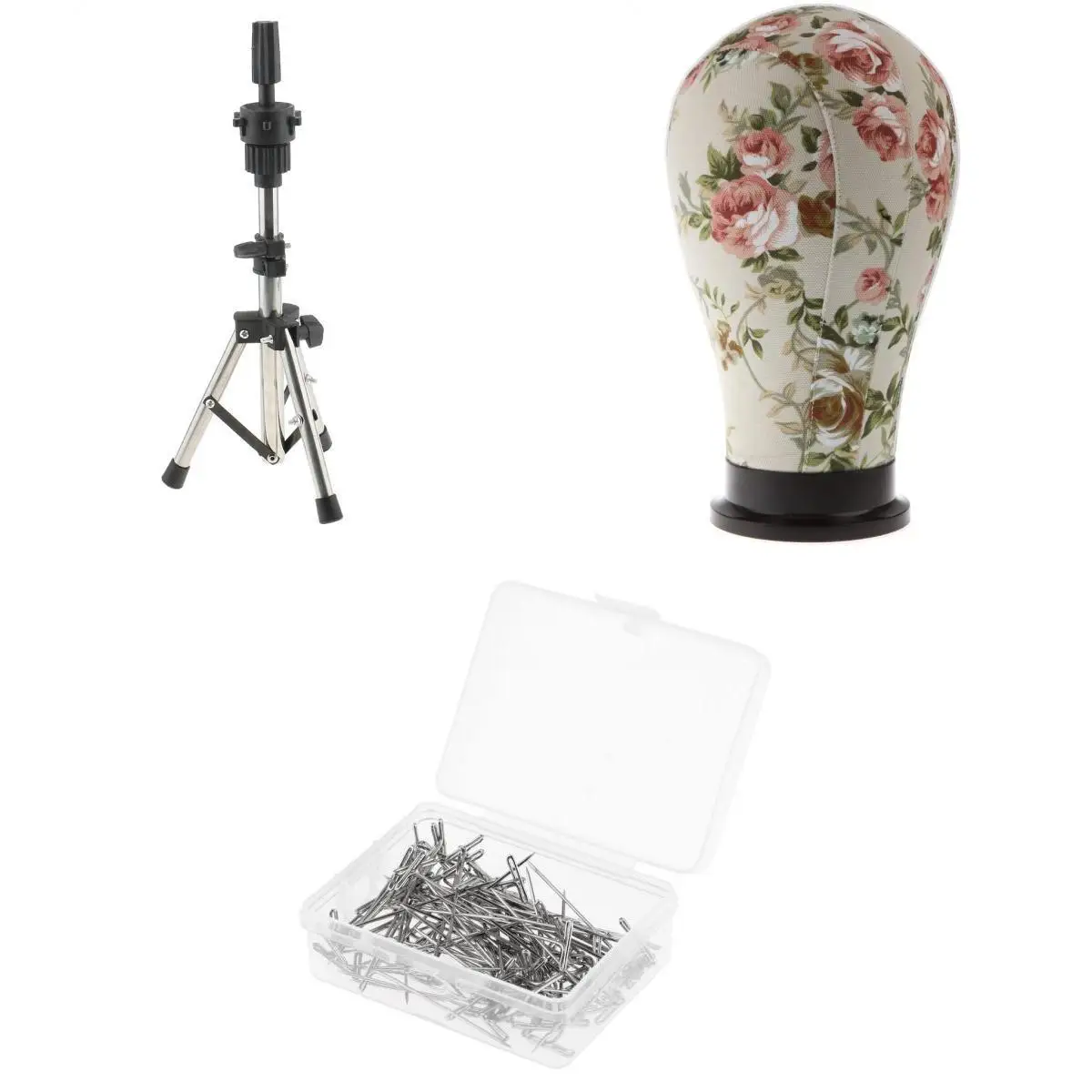 Mannequin Cork Canvas Block Training Head+Pratice Holder Stand Rack+100 T Needle Pins Set for Wig Toupee Making Weaving.
