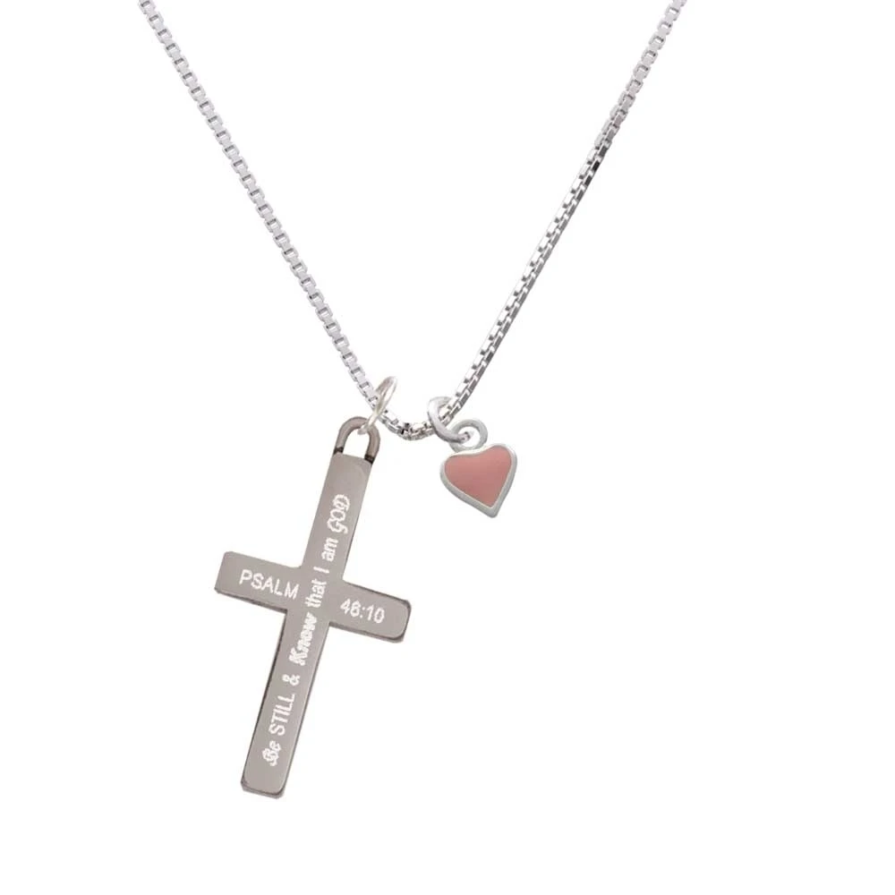 Mini Two Sided Pink Heart - Be Still and Know - Cross Necklace
