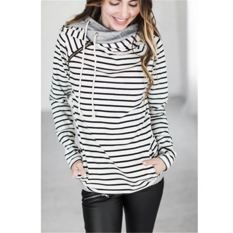 

Women Fashion Hooded Striped Casual Hoodies Pocket Women Sweatshirt Pullovers Turn -Down Collar