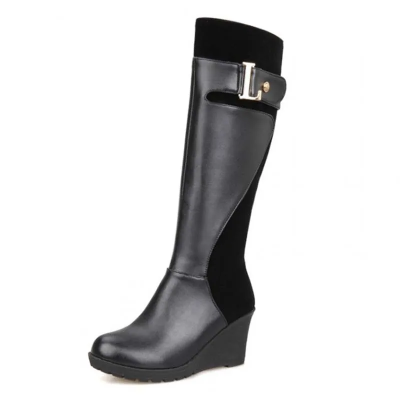 

ENMAYER PU + Flock Knee-High Boots Wedges Fashion Round Toe Mixed Colors Winter Platform boots Big Size34-43 knight boots
