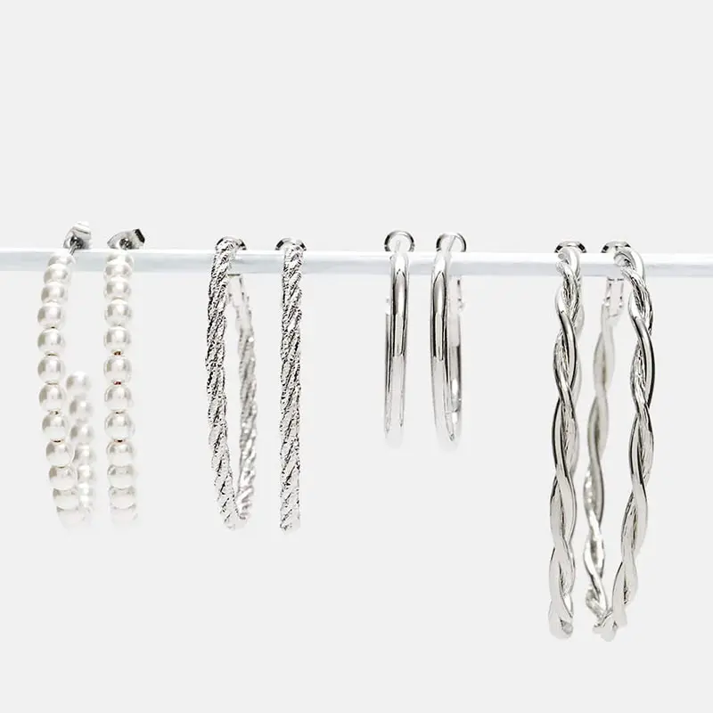 

Flatfoosie 4 Pairs/Set Silver Color Big Circle Hoop Earrings for Women Crystal Round 2019 Fashion Party Loop Earrings Jewelry