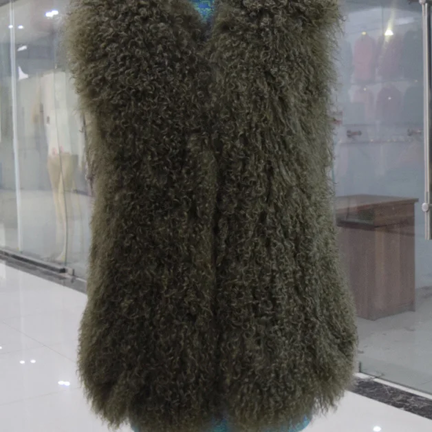 Жилет из натурального меха для женщин, монгольский овечий мех, жилет из натурального меха, Одноцветный rf0047 - Цвет: Army Green
