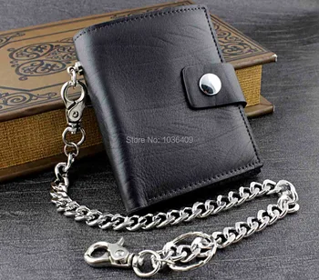 

Mens High Quality Biker Punk Genuine Leather Hasp Wallet Purse With Chain Black