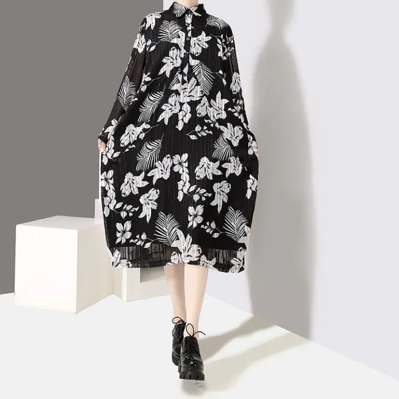 

Perspective Loose Big Size Dress Lapel Long Sleeve Balck Flower Printed Dress 2019 New Spring Summer Women Fashion Tide 856