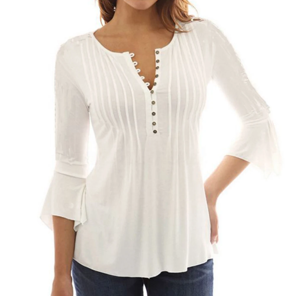 

Women Blouse Autumn Casual Tops Femme Solid Pleated Seven-quarter Sleeve Clothing For Ladies 2019 Autumn Blouses Women Top