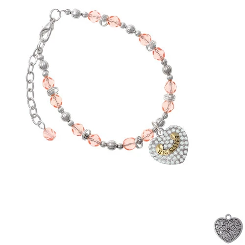 Goldtone Big Sister Rock on Clear Crystal Heart Pink Beaded Bracelet