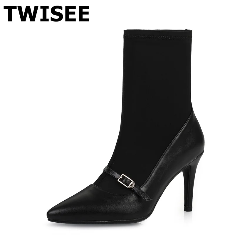 Mid calf boots Pumps slip on new style zapatos mujer fashion point toe thin high heels 8.5 cm woman party shoes buckle | Обувь