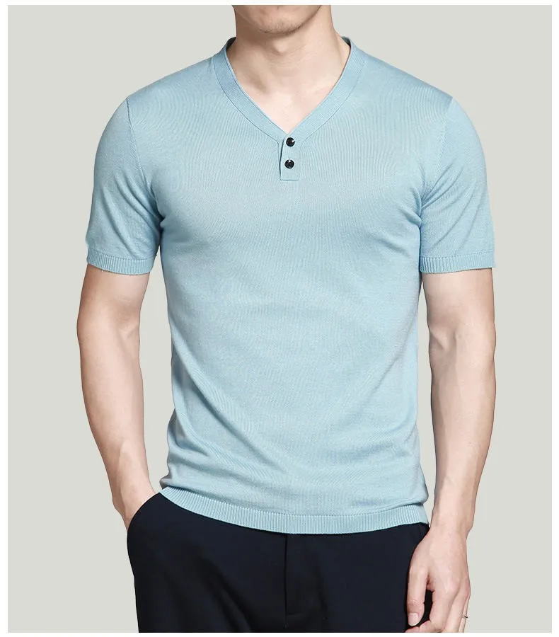 8 цветов Летний стиль Короткие футболки для мужчин пуловер свитер вязаная одежда с v-образным вырезом простые мужские рубашки бренд Muls большой размер M-4XL MS16023
