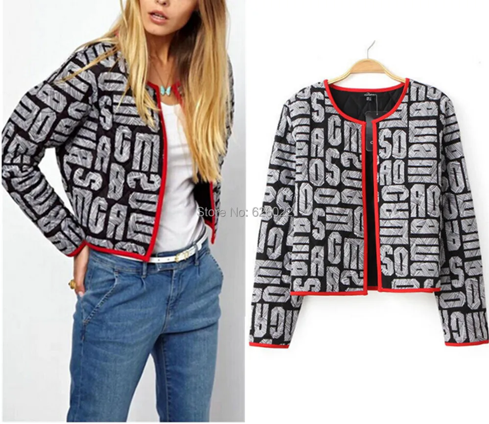 Retro Red Color Package edge Alphabet Print Short Jacket