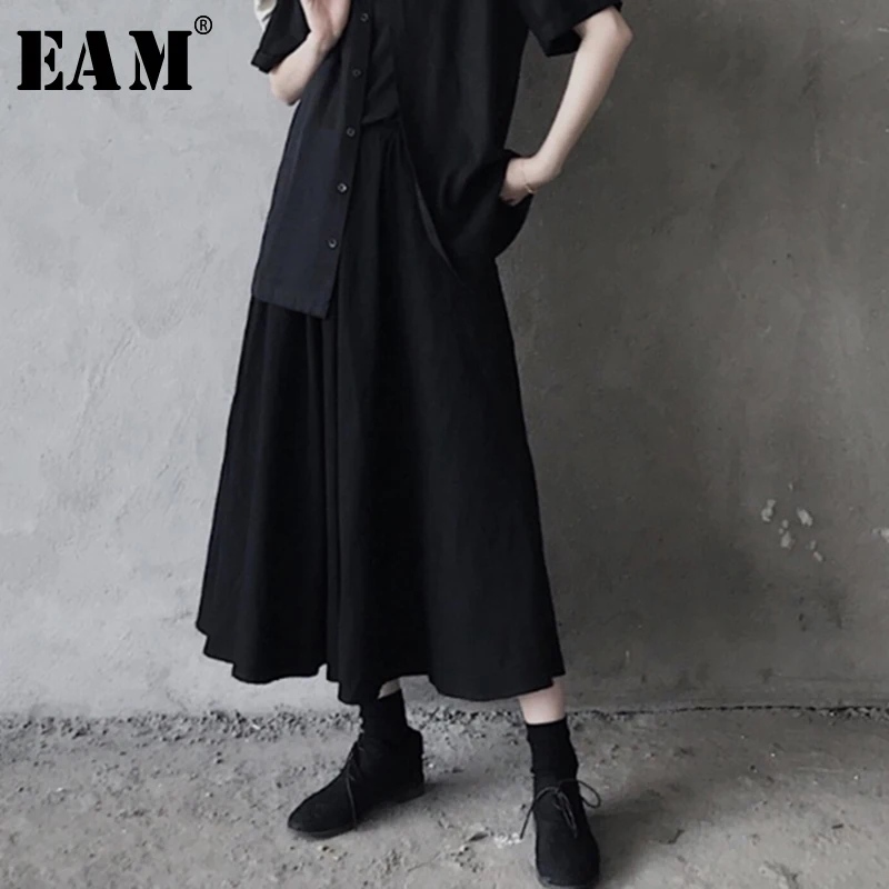 

[EAM] 2019 New Spring Summer High Elastic Waist Black Pleated Irregular Brief Loose Half-body Skirt Women Fashion Tide JX248