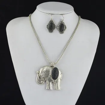 

S130 Black Lava Rock Volcano Stone Animal Elephant Necklace Pendant & Earring Jewlery Set ,Women Gift,Vintage Look,Tibet Alloy