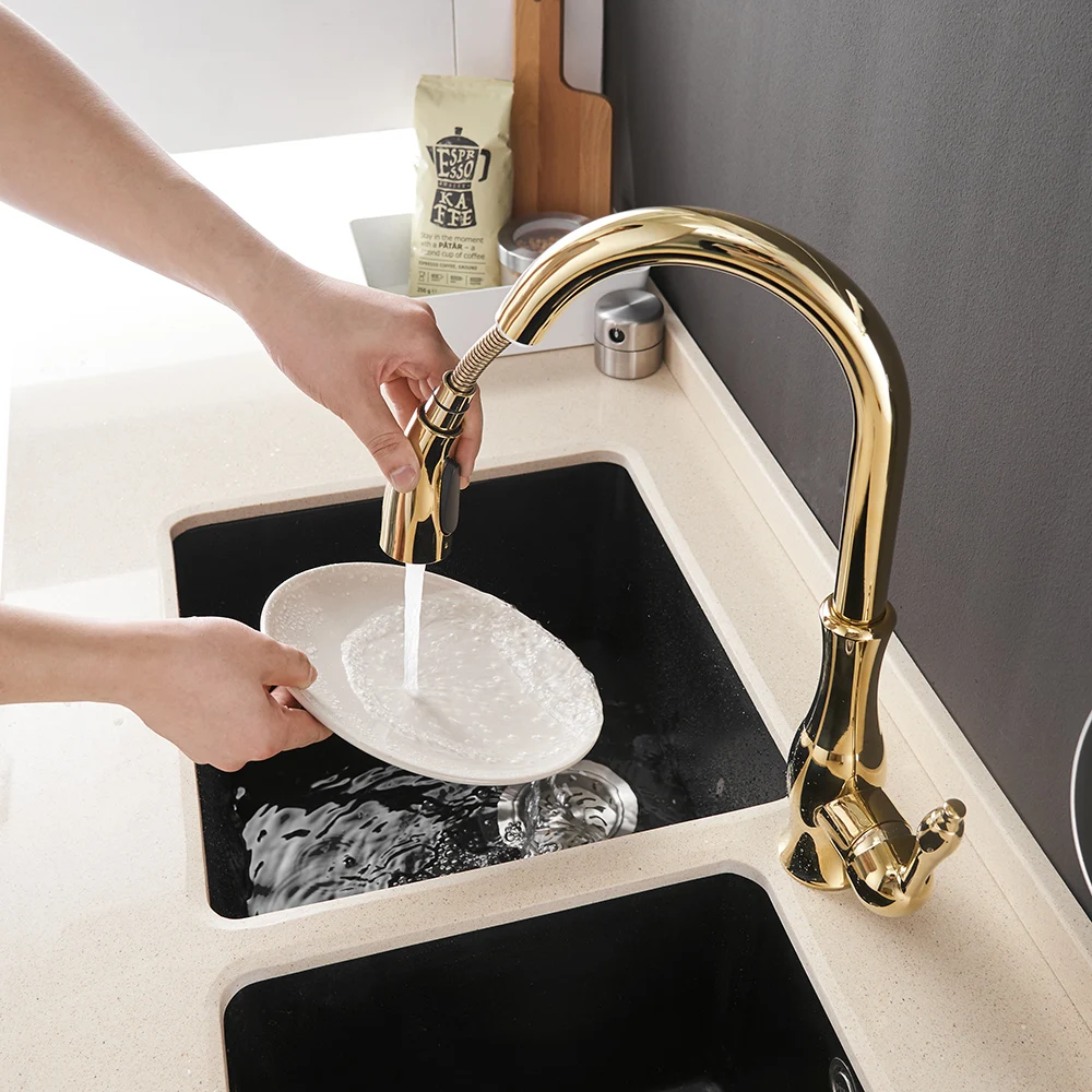 Gold Kitchen Faucets Silver Single Handle Pull Out Kitchen Tap Single Hole Handle Swivel Degree Wat - 32890939726