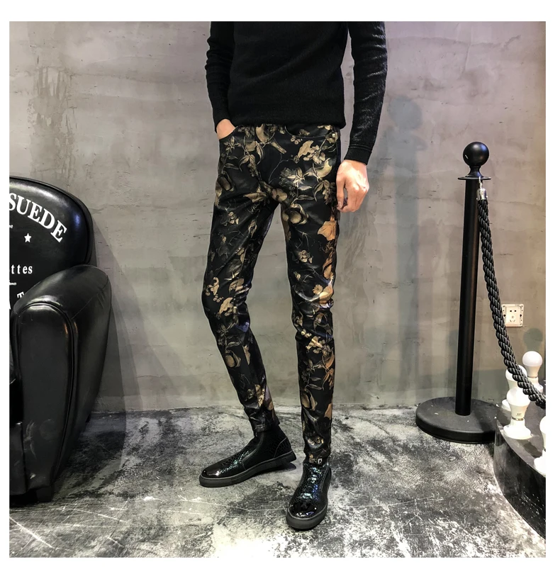 2018 Высокое качество Новые осенние цветочные повседневные брюки мужские Slim Fit Pu брюки мужские streetwea