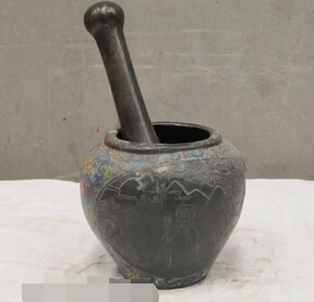 

007785 Sino Tibet Cloisonne bronze old Statue medical Dao medicine pestle mortar