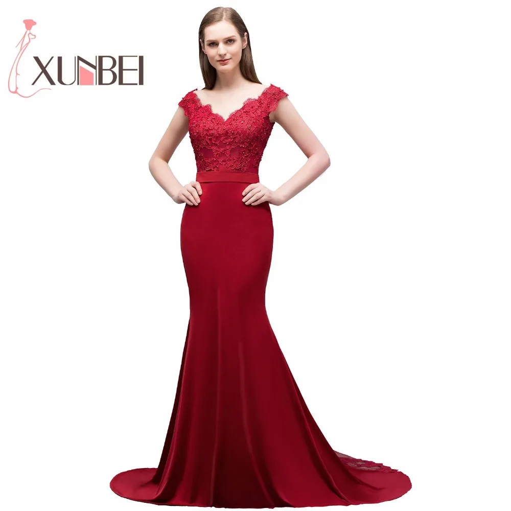 

Robe demoiselle d'honneur Mermaid Burgundy Lace Bridemaid Dresses 2019 Sexy V Neck Applique Prom Dresses Party Gowns With Train