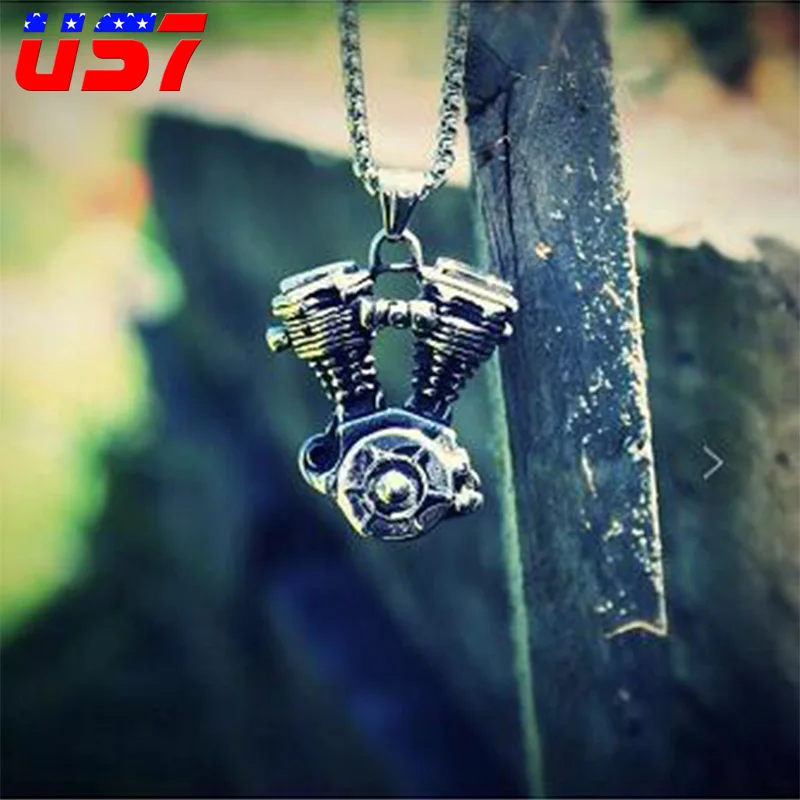 

US7 Punk Gothic Steampunk Engine Motorcycle Pendants Necklaces Biker Titanium Stainless Steel Necklace for Men Jewelry