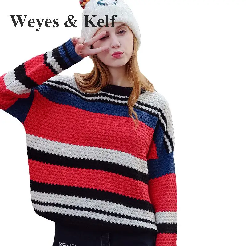 Weyes &amp Kelf зимний красный/синий свитер в полоску с круглым вырезом женский
