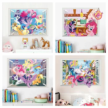 My Little Pony-pegatinas de pared/ventana 3d para habitación de niños, decoración de hogar, carteles de películas de Anime, calcomanías de arte de pared de unicornio de dibujos animados Diy