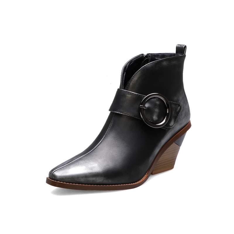 Классические ковбойские ботинки в западном стиле; женские ботильоны; красивые ботинки на квадратном каблуке с острым металлическим носком; женские зимние классические ботинки; Цвет Черный - Цвет: Темно-серый