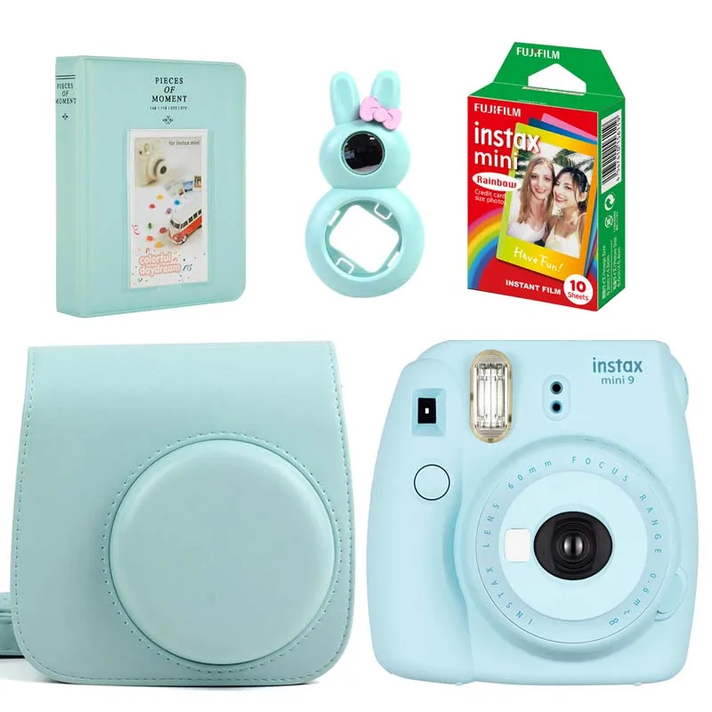 5 цветов Fujifilm Instax Mini 9 набор мгновенных фотокамер с радужной пленкой+ кожаный чехол для камеры+ фотоальбом+ объектив для селфи с кроликом