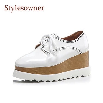 

Platform Women Muffin High-heel Shoes Lace Up Vintage Thick Bottom Wedge Shoes High Quality Shiny Leather Sneakers For Woman