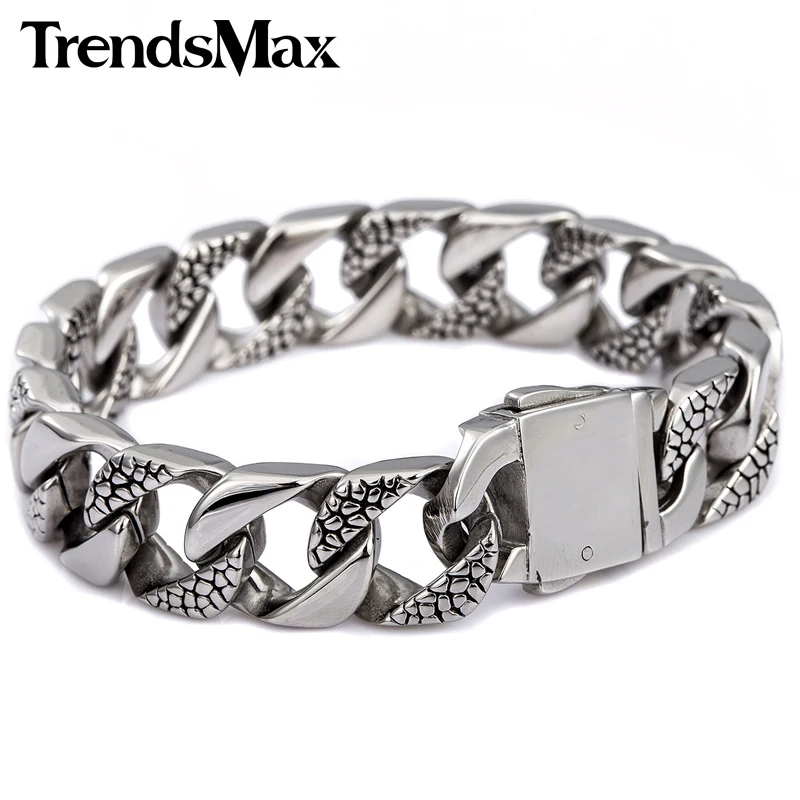 

Men's Bracelet Hip Hop Silver Animal Skin Flat Curb Link Chain 316L Stainless Steel Bracelet For Male Jewelry Gifts 14mm KHB84