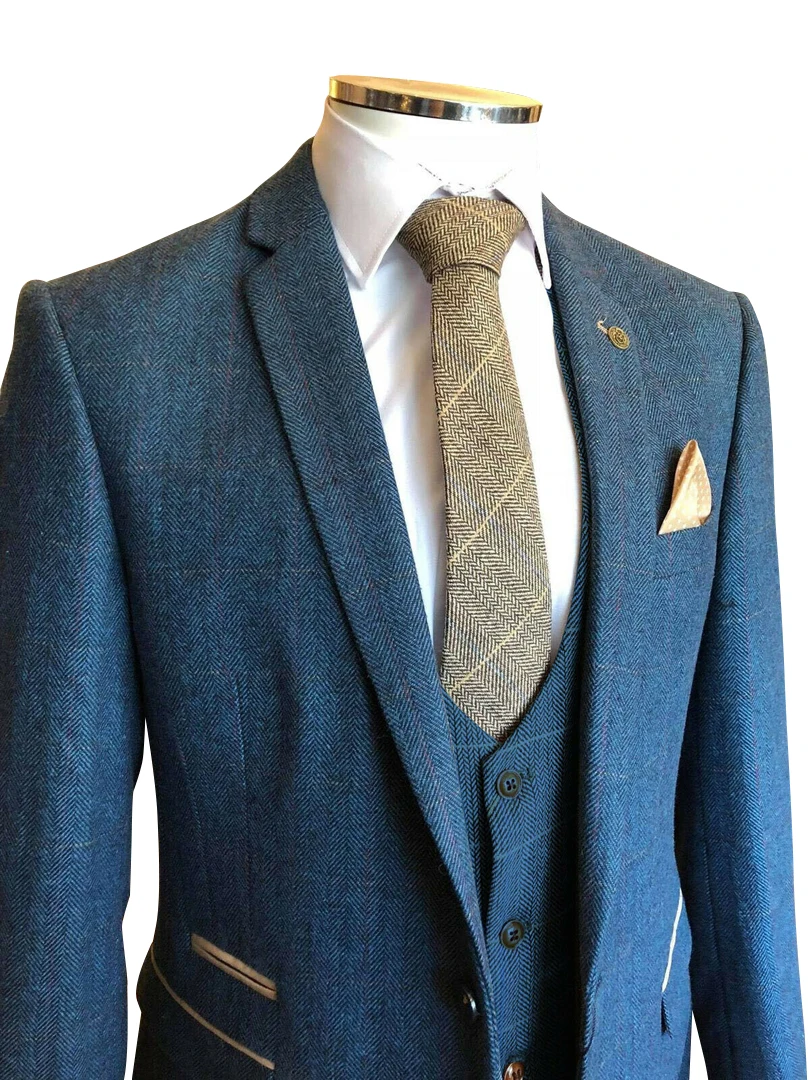 Abruzzomaster Men's Blue Tweed Slim Fit Suit 3 Piece Tuxedos Groom Herringbone Formal Weddiing Suit (Jacket+pants+vest)