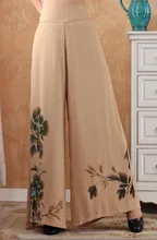 Fashion khaki Chinese Cotton Hand-Made Painted Women’s Elastic Waist Trousers Pants Flares Peony WP001