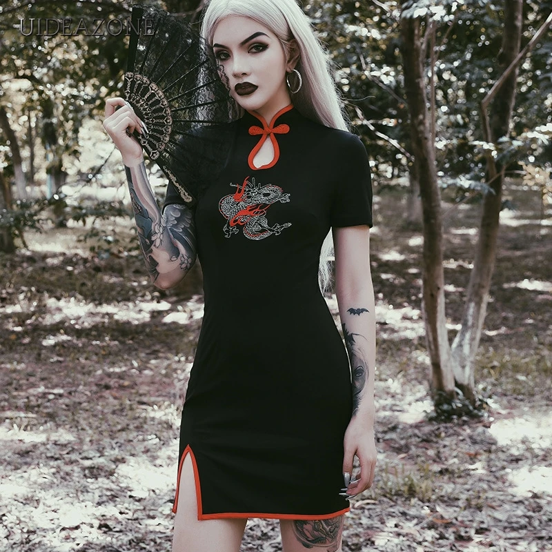 

Chinese Style Cheongsam Dress Women Retro Embroidery Mandarin Collar Short Sleeve Traditional Lady Elegant Mini Bodycon Dress