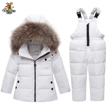 

Boy Baby Overalls Real Fur Hooded Girl Winter Down Jacket Warm Kids Coat Children Snowsuit Snow Clothes Girls Clothing Set