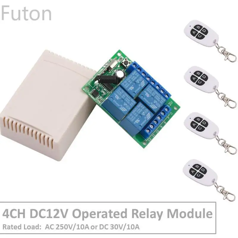 

4 Channel 433Mhz DC12V Operated RF Relay Switch With Relay Receiver&Transmitter Remote Control Garage&LED Light For Smart Home