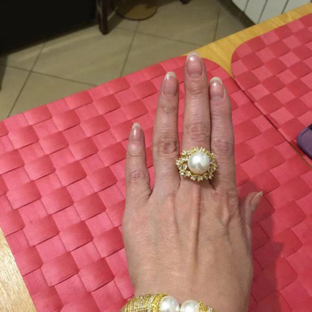 Funmode Модное Новое Трендовое женское кольцо с большой жемчужиной настоящее кольцо белого/золотого цвета с кристаллами для женщин Свадебные подарки F013R